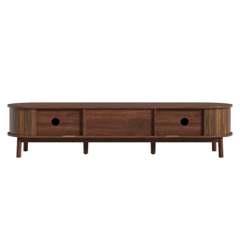 Sliding-Door TV Cabinet with Spacious Drawer and 2 Sliding Doors, Modern Wood TV Stand for Living Room, 67'' L x 15.5'' W x 15'' H, Walnut