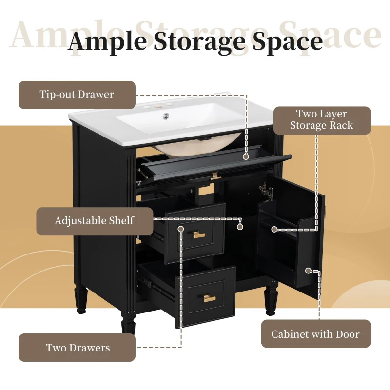 Spacious Vanity with Tip-Out Top Drawer and 2 Left-Side Drawers, Ideal Cabinet for Small-To-Medium Bathrooms, 30" L x 18.5" W x 33.5" H, Black