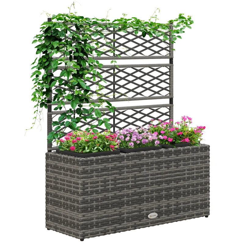 Outsunny Wicker Raised Garden Bed with Trellis, 42" Tall Outdoor Planter Box, Mixed Grey