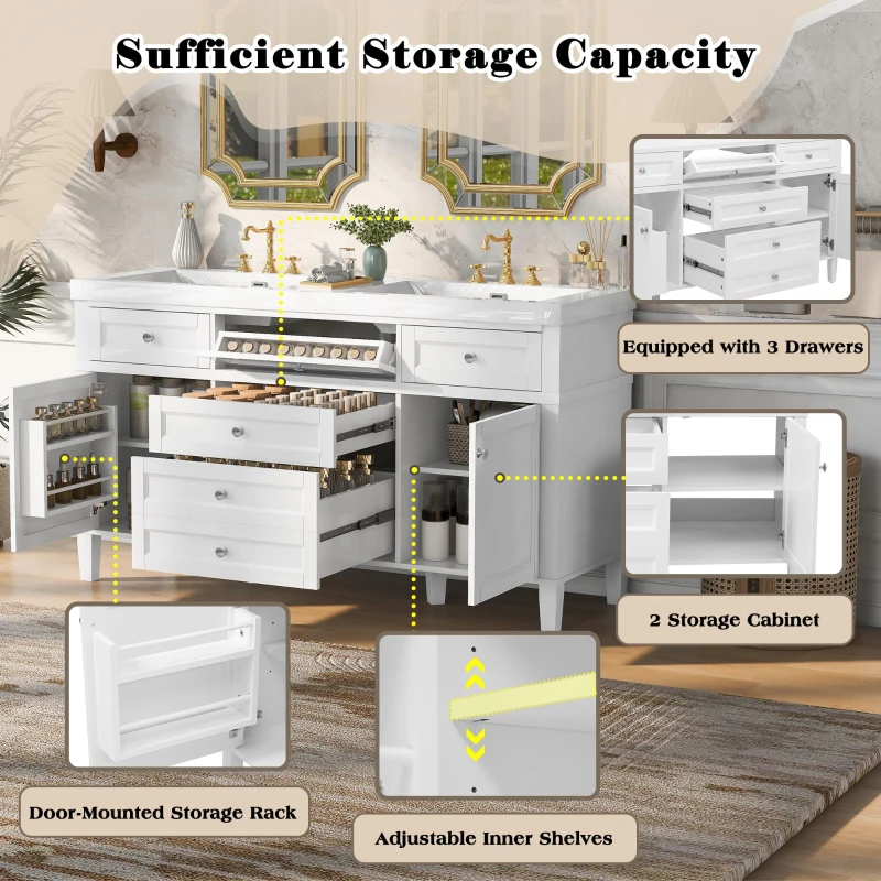 Bathroom Vanity Cabinet with Smooth-Glide Drawers, Freestanding Storage Cabinet with Adjustable Shelves, 58.5'' L x 19'' W x 32'' H, White