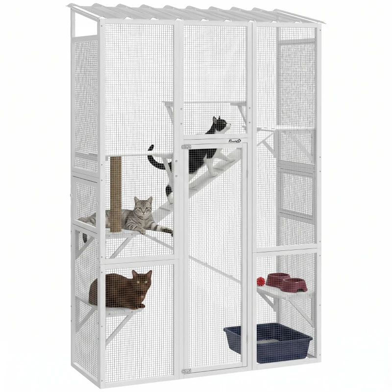 PawHut Outdoor Catio Cat Enclosure, Large Wooden Cat House with 6 Jumping Platforms, Scratching Post, 2 Ramps, for 2-3 Kittens