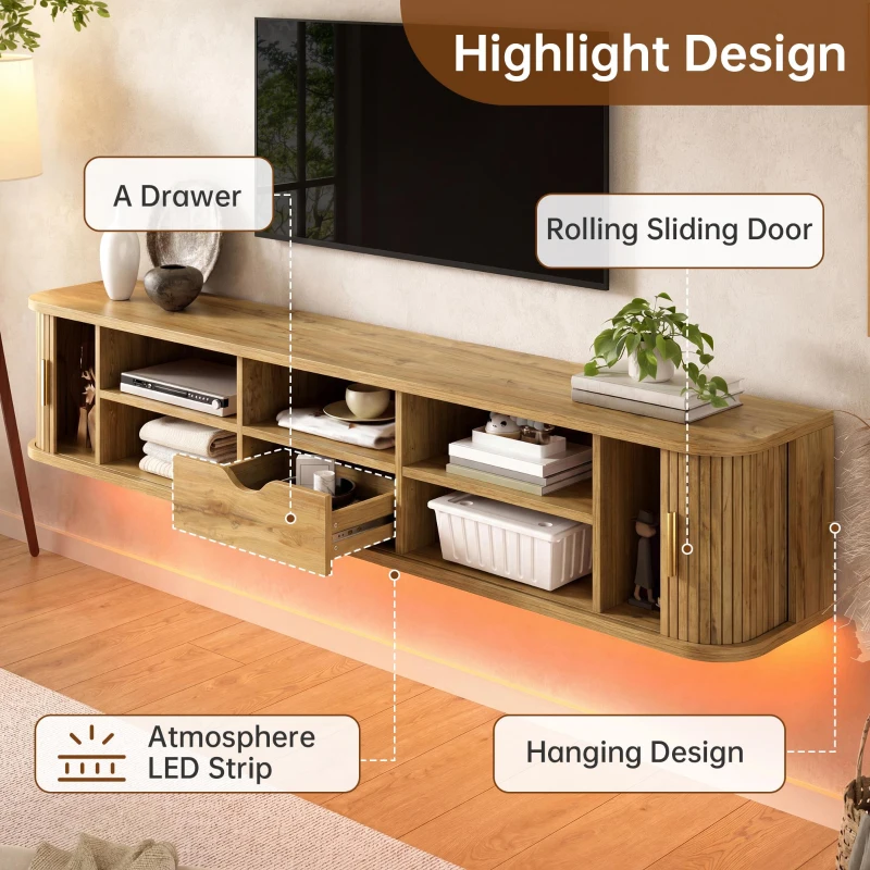 Wall-Mount Floating TV Cabinet with Built-In Cable Management, Sleek Modern Wooden Media Console with Open Shelves, 69'' L x 12'' W x 12'' H, Natural