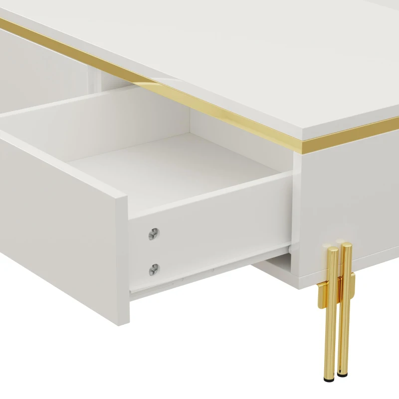 Modern High-Gloss Coffee Table with Hidden Dual Drawers, Stain-Resistant Center Table with Metal Legs, 39.5'' L x 19.5'' W x 14'' H, White