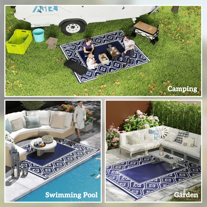 Outsunny 8' x 10' Outdoor RV Rug, Reversible Patio Floor Mat with Carry Bag, Gourd Border, Blue and White