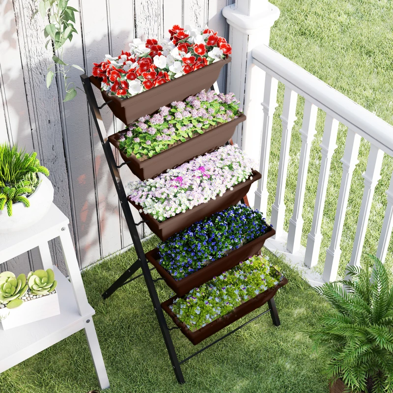 Outsunny 5-Tier Raised Garden Bed with 5 Planter Box, Outdoor Plant Stand Grow Containers with Leaking Holes, Brown