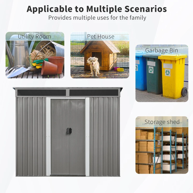 8ft x 6ft Outdoor Metal Storage Shed with Lockable Sliding Doors, Peaked Roof Metal House for Garden Tools, 93.5'' L x 68.5'' W x 77'' H, Gray