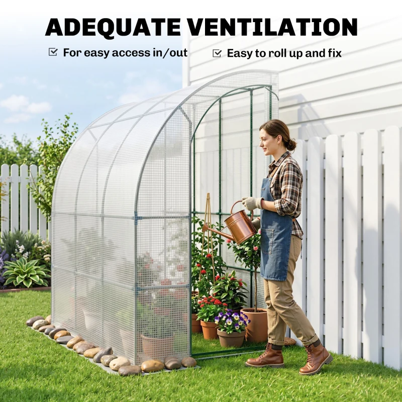 Outsunny 7' x 4' x 7' Outdoor Lean to Greenhouse, Walk-In Green House Plant Nursery with Roll-up Window, PE Cover, White