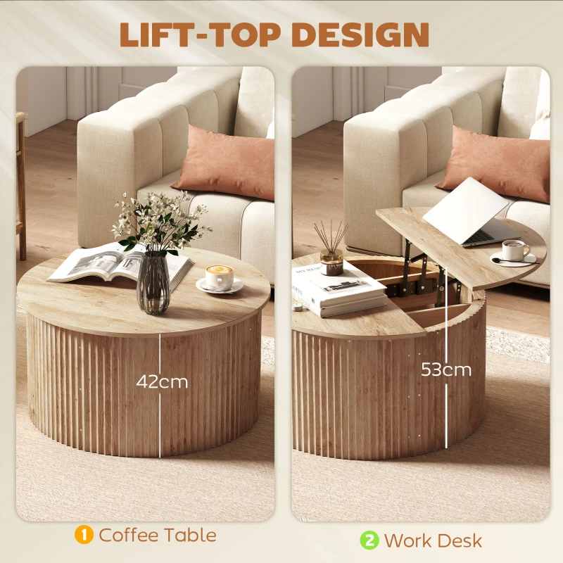 HOMCOM Lift Top Coffee Table, 32" Modern Fluted Round Coffee Table with Hidden Compartments and Soft-Close Hinged Flip Top