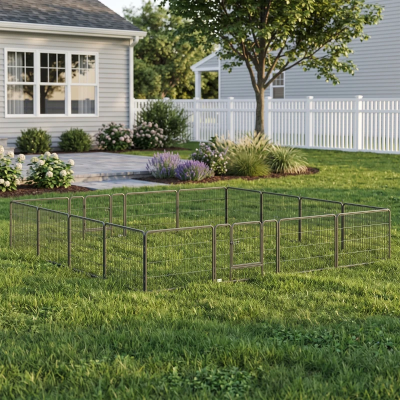 PawHut Heavy Duty Dog Playpen, 16 Panels Pet Playpen Dog Fence, Portable Puppy Exercise Pen, with 2 Doors Locking Latch, Outdoor or Indoor Use 23.5" Height