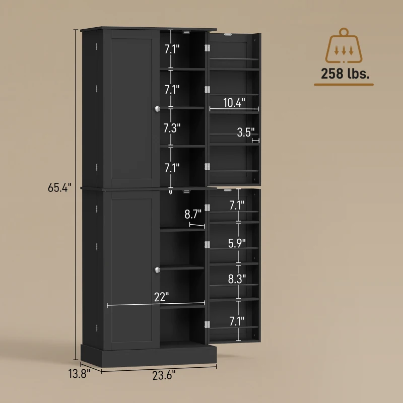 HOMCOM 65" Kitchen Cabinet, Kitchen Pantry Cabinet with 4 Doors and 16 Door Shelves for Dining Room, Black
