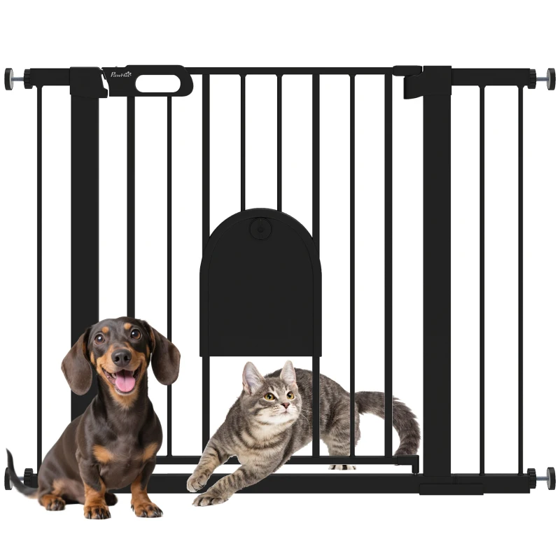 PawHut 30"-41" Extra Wide Pet Gate Barrier with Small Door, 30"H Dog Gate with Safety Gate Barrier, Stair Pressure Fit, Black