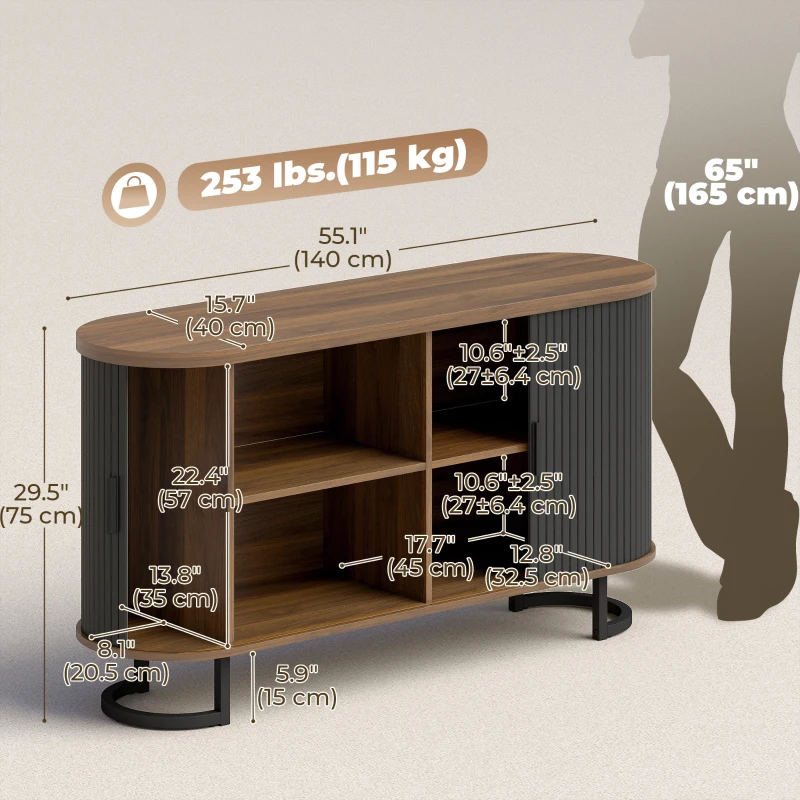 HOMCOM Fluted Sideboard Buffet Cabinet, 55" Modern Coffee Bar Cabinet with Sliding Doors and Adjustable Shelves, Black