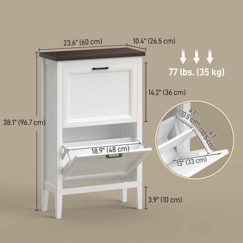 HOMCOM Shoe Cabinet with 2 Flip Drawers, Farmhouse Narrow Shoe Storage Cabinet with Adjustable Shelves, White