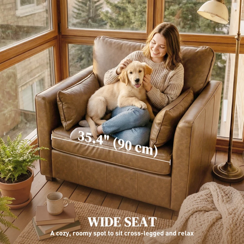 HOMCOM Accent Chair, PU Leather Armchair with Wide Seat, Spring Cushion, Rubberwood legs, 2 Pillows, Brown