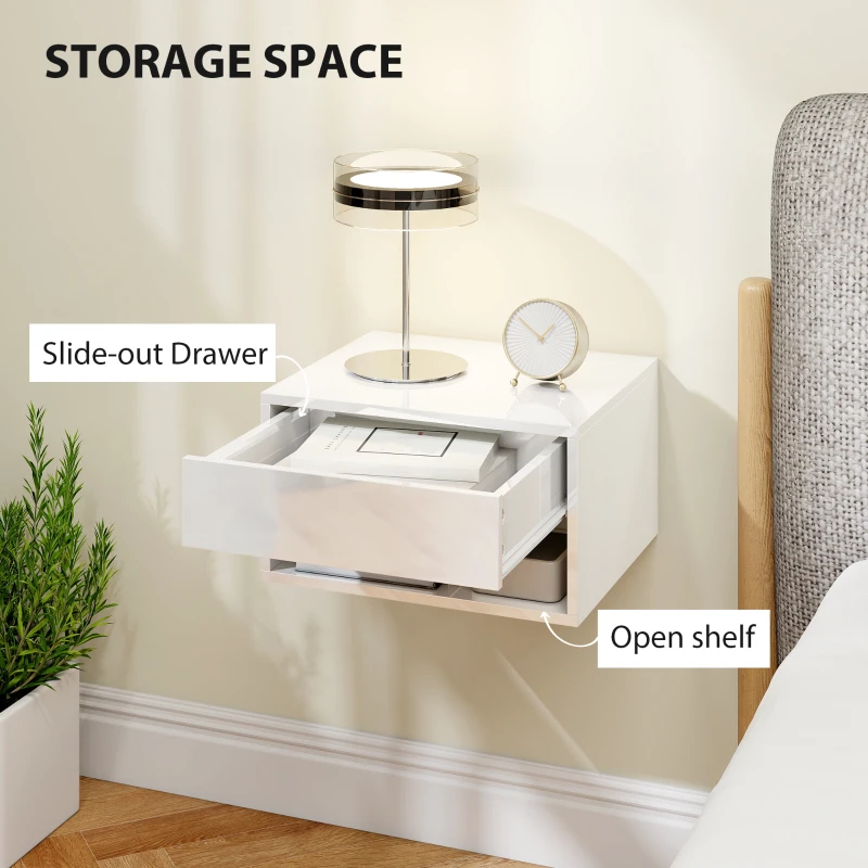 HOMCOM Floating Bedside Tables Set of 2, Wall-Mounted Nightstand, High Gloss White