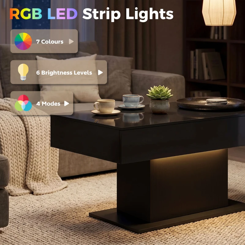HOMCOM LED Coffee Table with Storage, High Gloss Modern Center Table with 2 Drawers and Remote Control for Living Room, Black