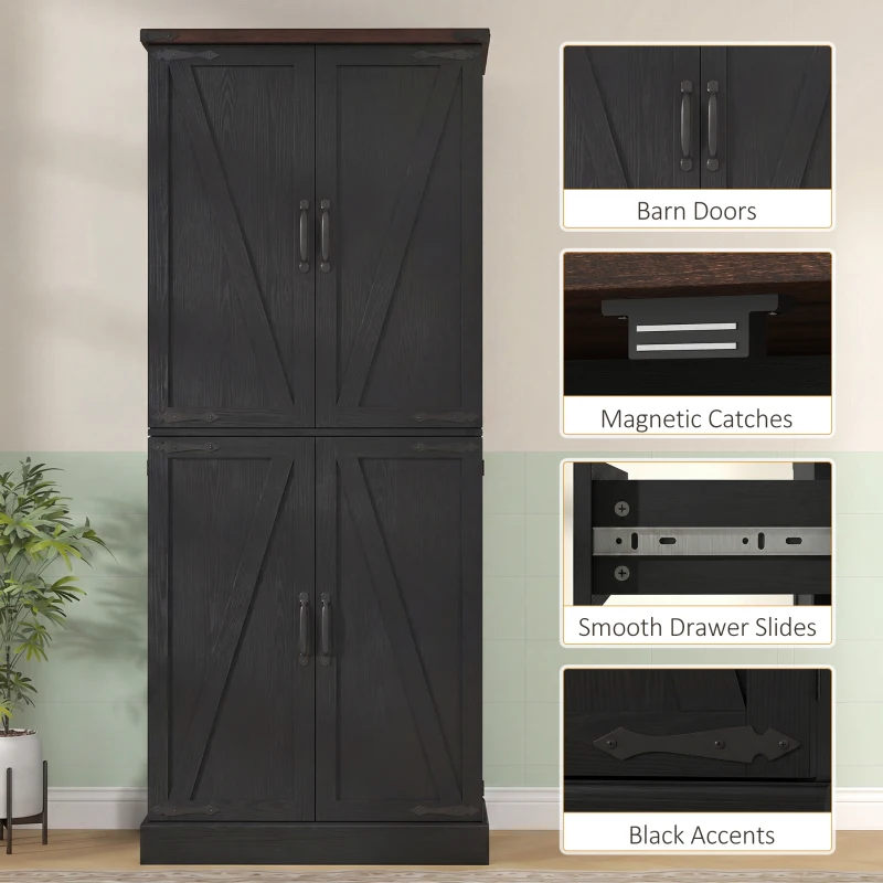 HOMCOM 72" Tall Kitchen Pantry Cabinet, Farmhouse Storage Cabinet with 8 Door Racks and Adjustable Shelves, Black