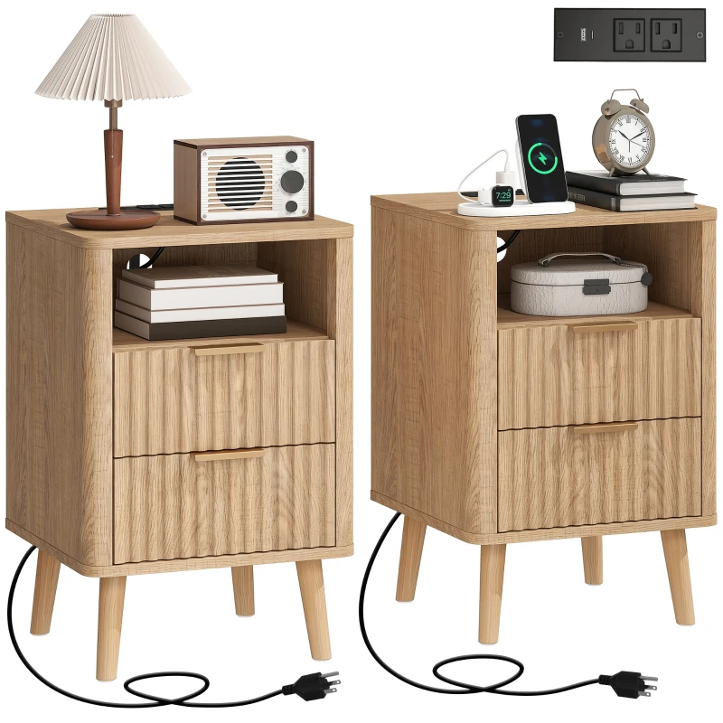 HOMCOM Nightstands Set of 2, Modern Bedside Tables with Charging Station, 2 Drawers and Open Shelf, Oak