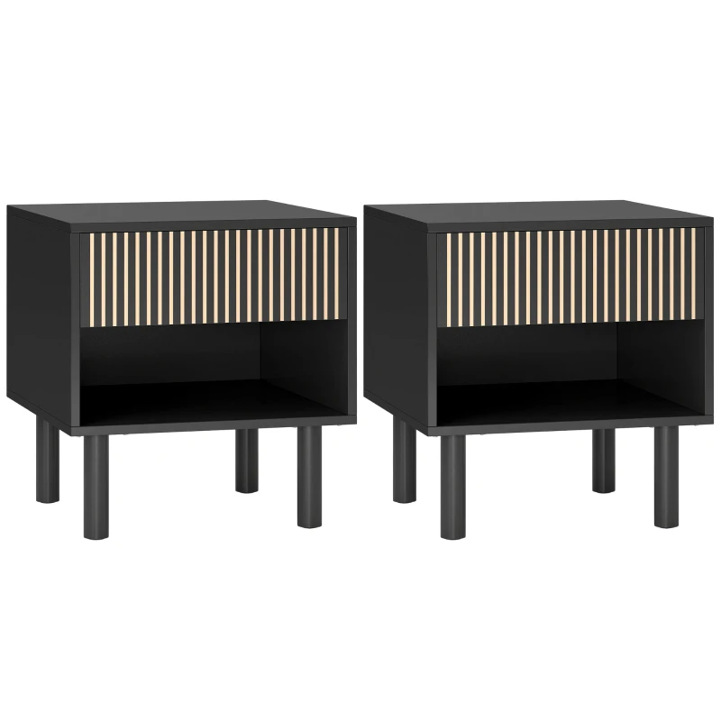 HOMCOM Modern Bedside Table with Drawer and Open Shelf, Sofa Side Table for Bedroom Living Room, Set of 2, Black