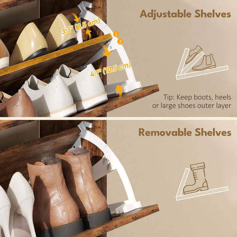HOMCOM Narrow Shoe Storage Cabinet, Farmhouse Slim Shoe Cabinet with 2 Flip Drawers, Adjustable Shelves, Rustic Brown