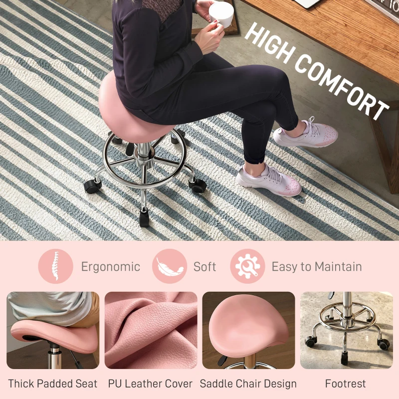 HOMCOM Saddle Stool, PU Leather Adjustable Rolling Salon Chair, Pink