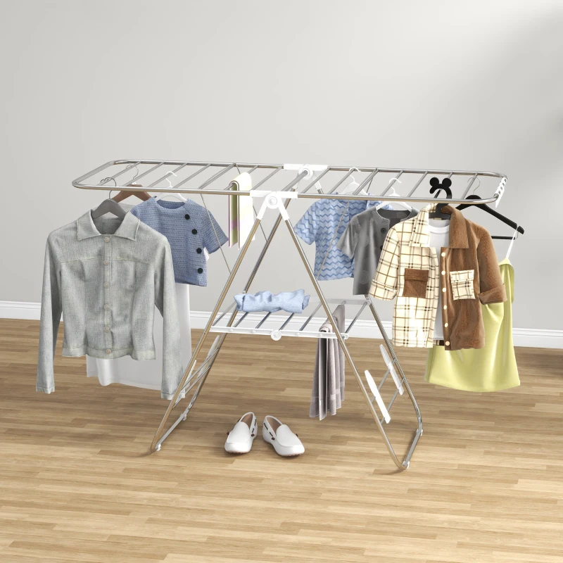 HOMCOM Clothes Drying Rack, 2-Tier Stainless Steel Foldable Laundry Rack with Adjustable Wings and Shoe Holders, Silver