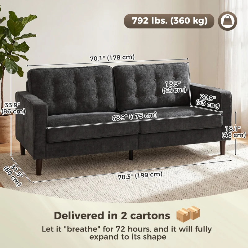 HOMCOM 3 Seater Sofa Upholstered with Padded Cushion Modern Button Tufted Couch with Wood Legs, Dark Grey