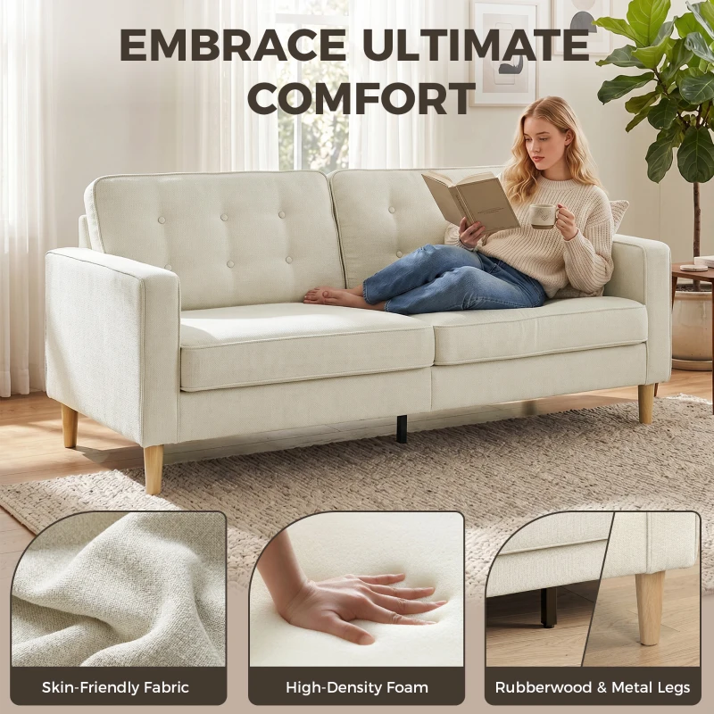 HOMCOM 3 Seater Sofa Upholstered with Padded Cushion Modern Button Tufted Couch with Wood Legs, Cream White