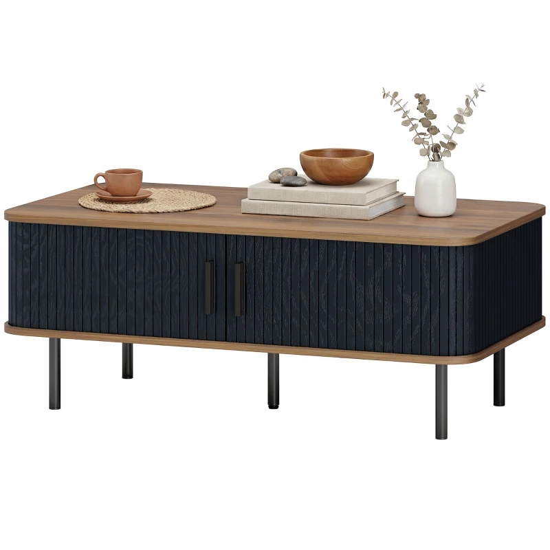 HOMCOM Nordic Side Table with Fluted Tambour Sliding Doors and Steel Legs, Coffee Table with Storage for Living Room, Black