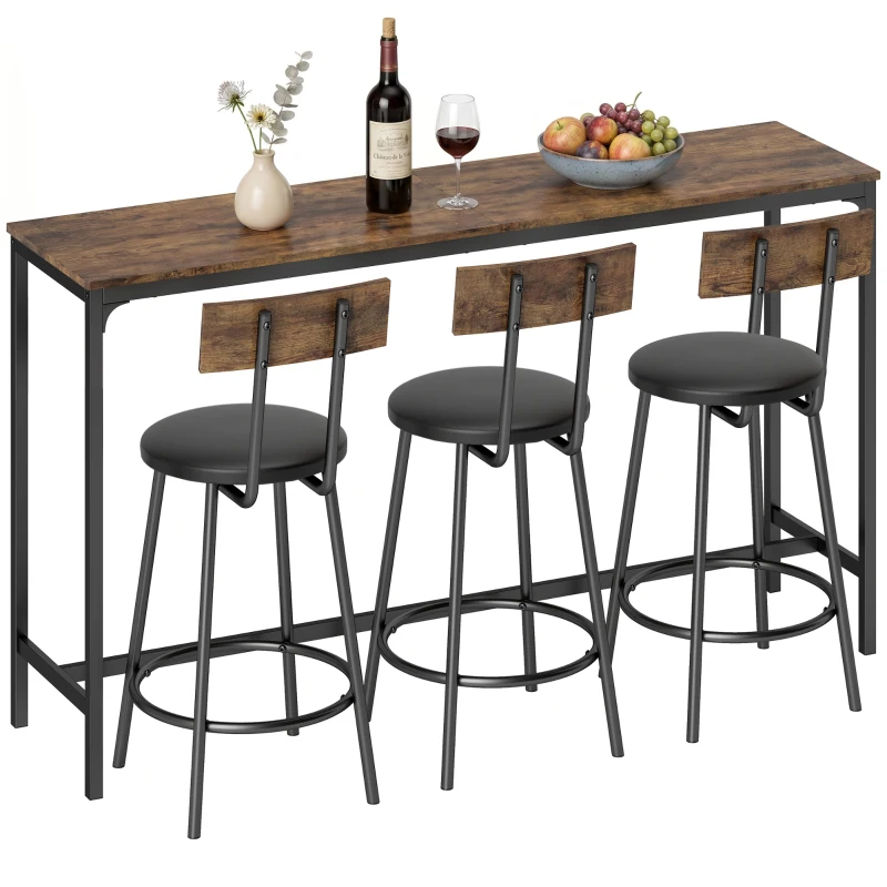 HOMCOM Bar Table Set Counter Height Barstools Set of 4 PU Cushioned Seats Rustic Brown