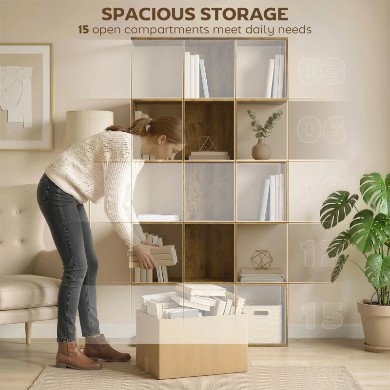 HOMCOM 5-Tier Bookshelf, S Shaped Geometric Bookcase with 15 Compartments, Rustic Brown