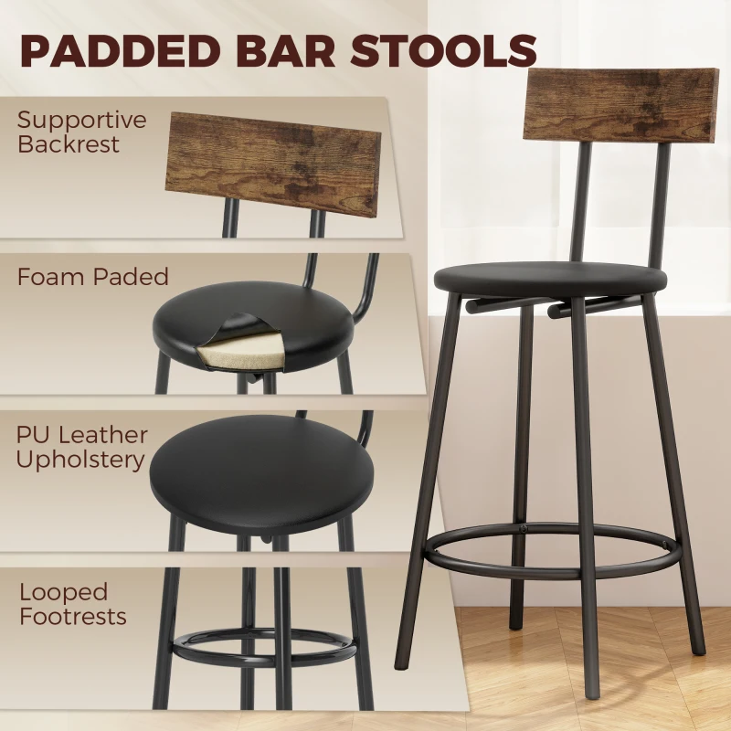 HOMCOM Bar Table Set Counter Height Barstools Set of 4 PU Cushioned Seats Rustic Brown