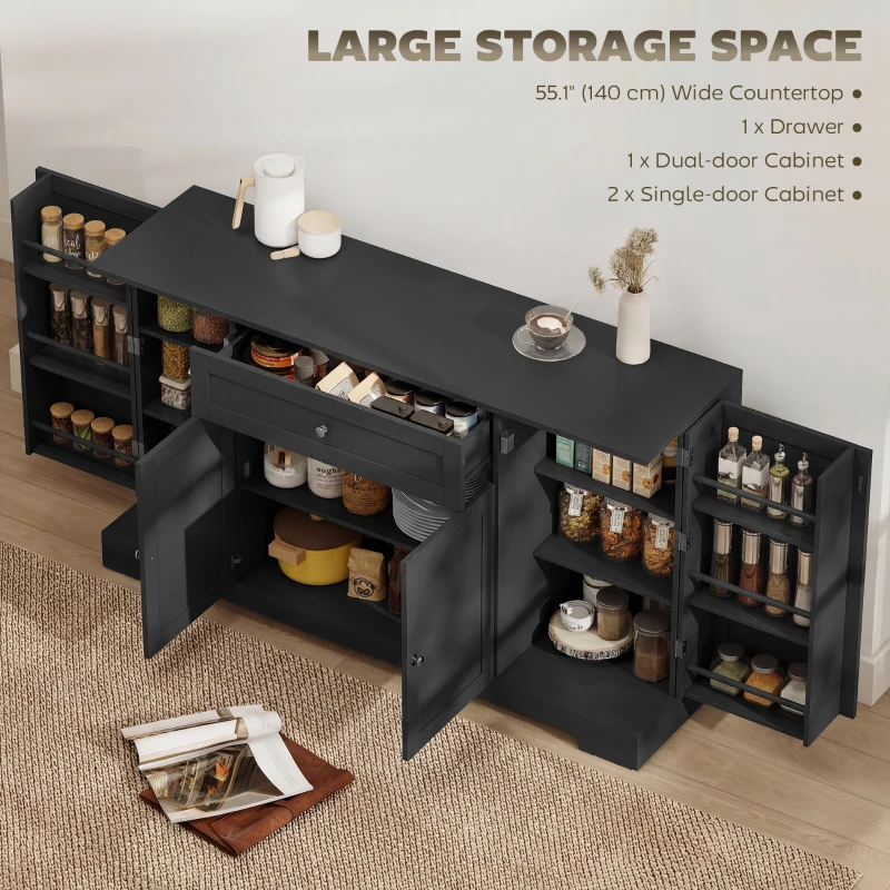 HOMCOM 55" Modern Kitchen Storage Cabinet with Drawer, Adjustable Shelves, Small Kitchen Pantry with Door Racks, Black