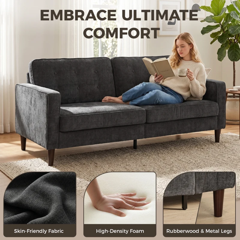 HOMCOM 3 Seater Sofa Upholstered with Padded Cushion Modern Button Tufted Couch with Wood Legs, Dark Grey