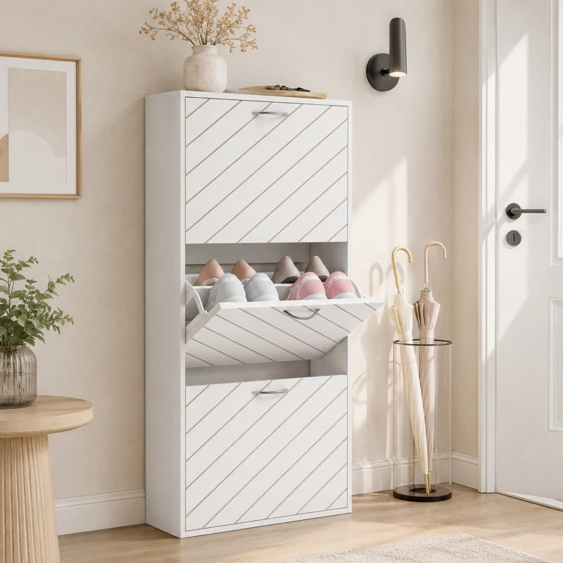 HOMCOM Shoe Storage Cabinet with 3 Flip Drawers, Narrow and Slim, 9-12 Pair of Shoes Organizer for Hallway, Entryway, White