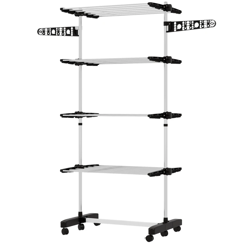 HOMCOM Garment Drying Rack Stainless Steel Folding Clothes Hanging Rack with Side Wings Castors for Indoor Outdoor Black