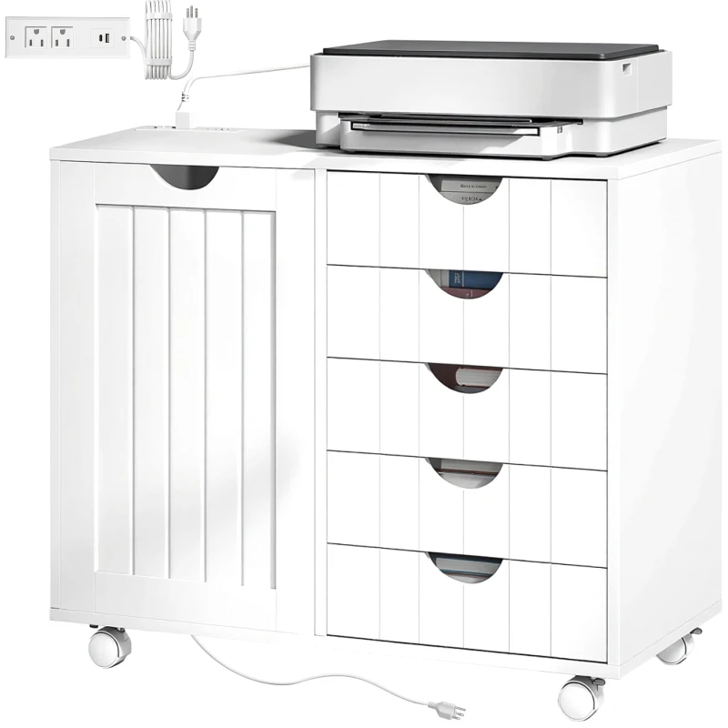 HOMCOM Mobile Lateral Filing Cabinet with 5 Drawers, Printer Stand with Power Outlets and USB Ports for Home Office, White