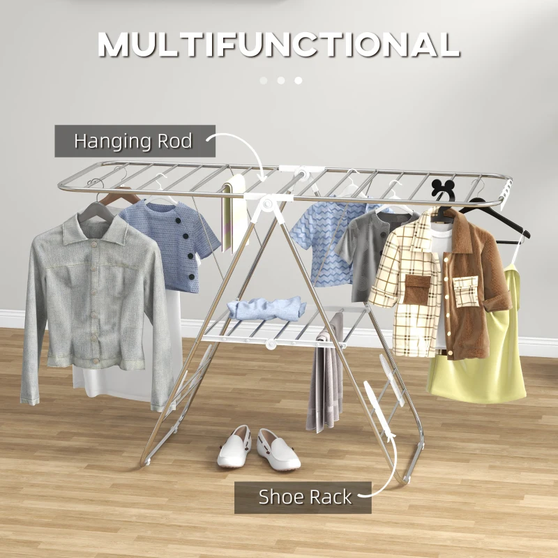 HOMCOM Clothes Drying Rack, 2-Tier Stainless Steel Foldable Laundry Rack with Adjustable Wings and Shoe Holders, Silver