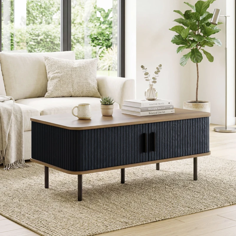 HOMCOM Nordic Side Table with Fluted Tambour Sliding Doors and Steel Legs, Coffee Table with Storage for Living Room, Black