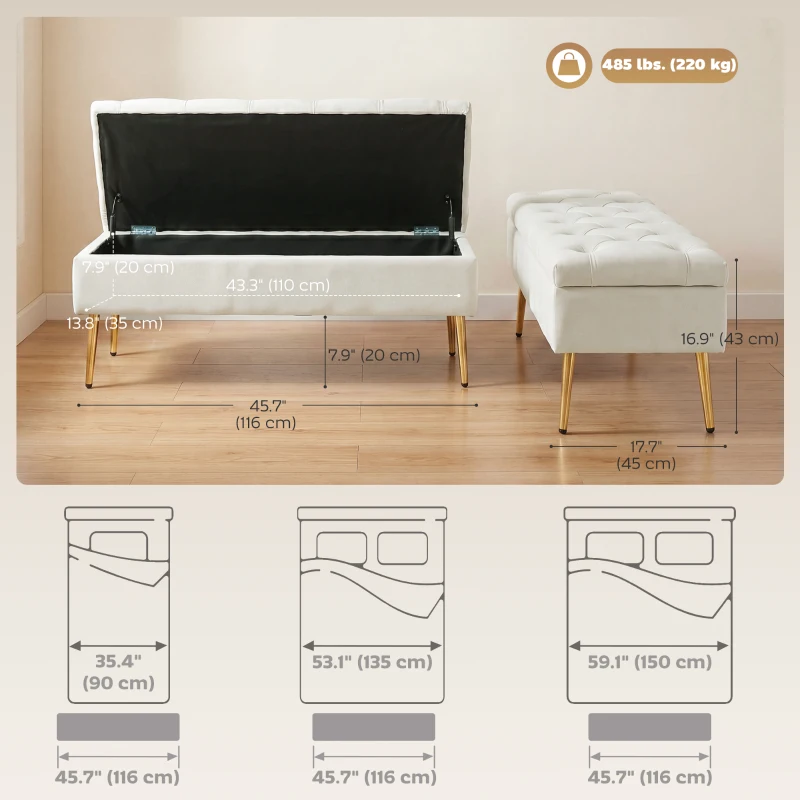 HOMCOM Upholstered Bedroom Bench with Gold Tone Metal Legs, Velvet Tufted and Thick Padding, Beige