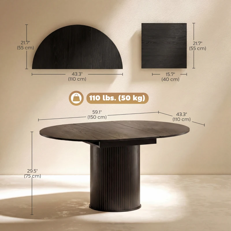 HOMCOM Extendable Kitchen Table for 6-8, 43.5"-59" Farmhouse Dining Table with Pedestal Base Black Wood Grain