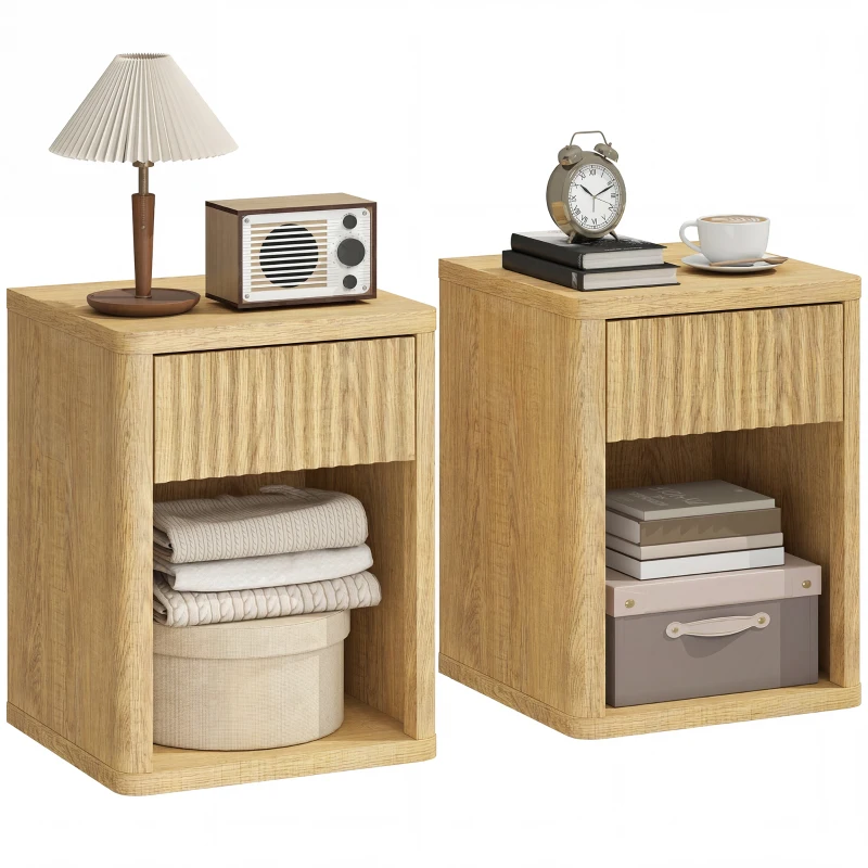HOMCOM Nightstand with Drawer and Open Shelf, Modern Bedside Table Set of 2 for Bedroom Living Room, Oak