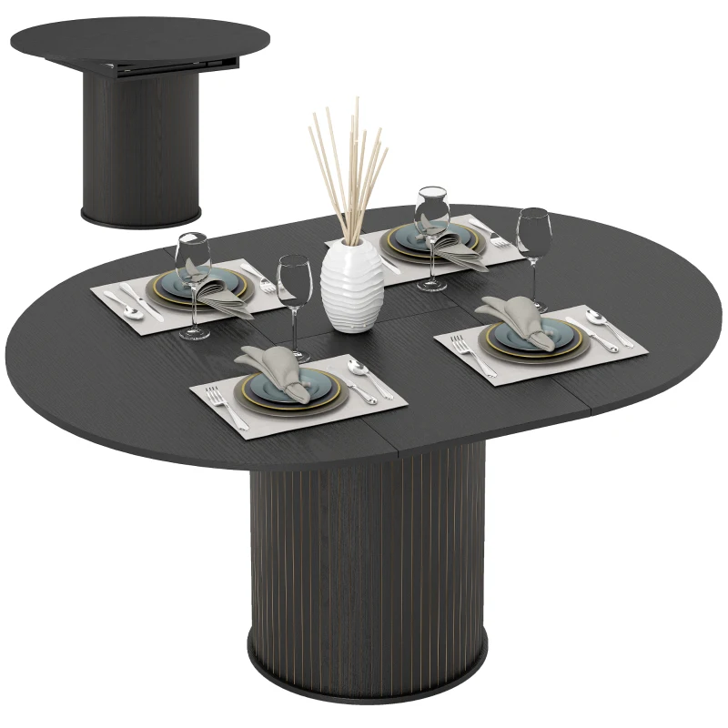 HOMCOM Extendable Kitchen Table for 6-8, 43.5"-59" Farmhouse Dining Table with Pedestal Base Black Wood Grain
