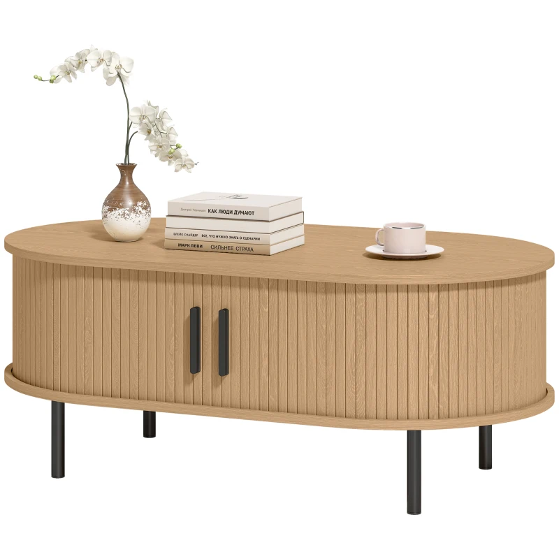 HOMCOM Coffee Table with Sliding Tambour Doors and Storage Center Table with Metal Legs, 39", Natural