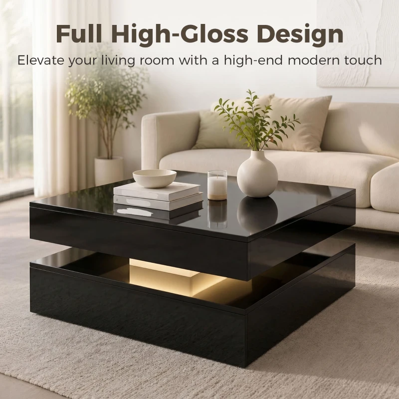 HOMCOM LED Coffee Table with Storage, 2-Tier Modern Center Table with Open Shelf and Remote for Living Room, High Gloss Black