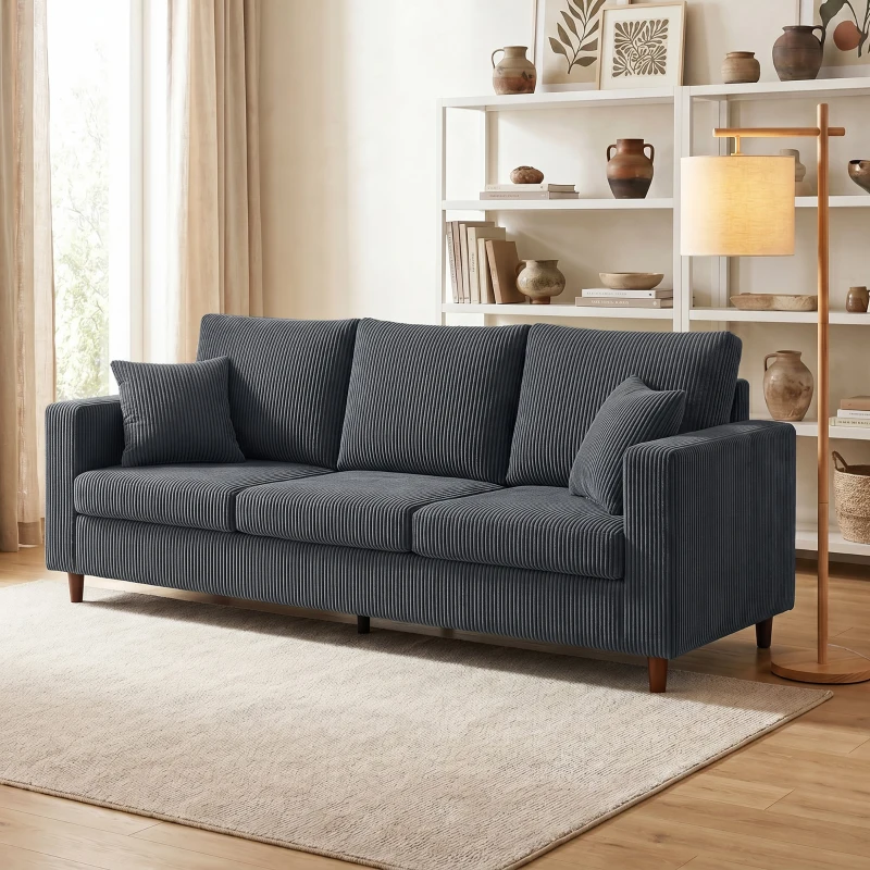 HOMCOM 3 Seater Sofa with Wide Seat, Corduroy Couch with Deep Seat, Spring Cushion, Dark Grey