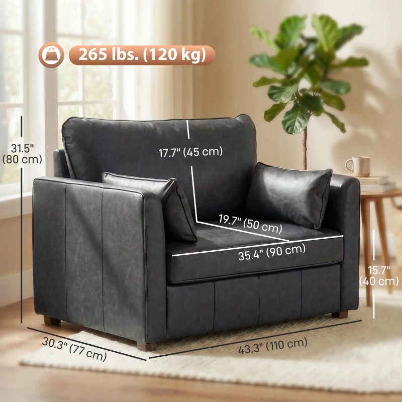 HOMCOM Accent Chair, PU Leather Armchair with Wide Seat, Spring Cushion, Rubberwood legs, 2 Pillows, Black