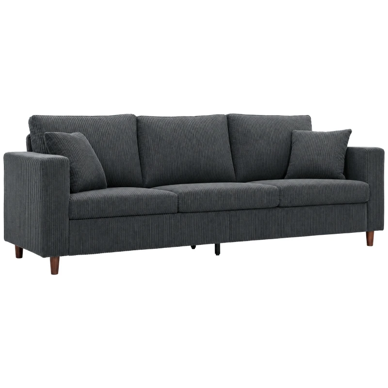 HOMCOM 3 Seater Sofa with Wide Seat, Corduroy Couch with Deep Seat, Spring Cushion, Dark Grey
