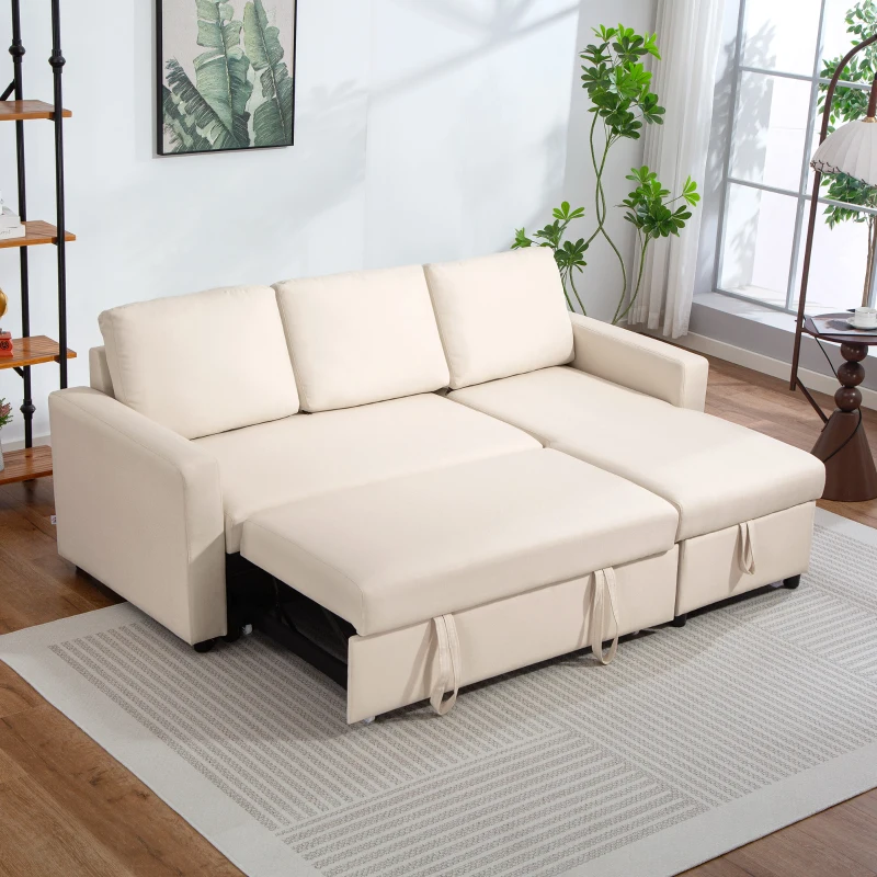 HOMCOM 83" Sofa Bed, Pull Out Sleeper L Shaped Sectional Couch with Reversible Storage Chaise, Wide and Deep Seat, Cream White