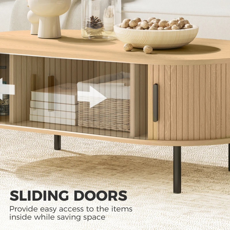 HOMCOM Coffee Table with Sliding Tambour Doors and Storage Center Table with Metal Legs, 39", Natural